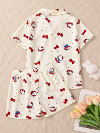 بيجاما Sanrio البيجامة الجديدة للصيف المناسبة للبيت، طقم بنطلون قصير ولباس علوي مطبوعة برسوم كرتونية للبنات من كيتي بتصميم أنيق وعصري وملائم للإرتداء في البيت وحفلات الأعياد, هدية مناسبة للأطفال والأصدقاء