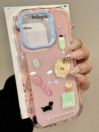 حافظة هاتف DIY الإبداعية الكيوت زهري، متوافقة مع هواتف آيفون 16 برو ماكس 15 برو 14 13 12 11 بلس، مصممة بصورة قطة على تفاحة كاواييي ممتعة