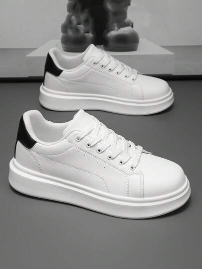 أحذية رياضية كاجوال منخفضة الأعلى كلاسيكية سوداء وبيضاء، قابلة للاستخدام متعددة الاستخدامات للرجال، موضة راقية بسيطة خفيفة الوزن مريحة ذات منصة ناعمة مع رباطات أمامية