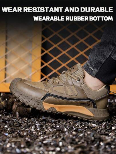 زوج من أحذية السلامة ذات الرؤوس الحديدية البنية للرجال للصيف، خفيفة الوزن ومريحة مقاومة للانزلاق وللتهوية وقوية، أحذية رياضية آمنة مانعة للثقب والصدمات وباستنادة مريحة، مناسبة للمواقع الإنشائية والبستنة والمستودعات والصيانة اليومية