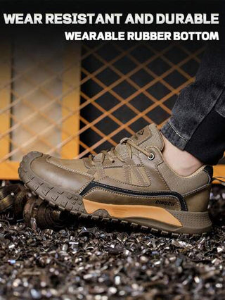 زوج من أحذية السلامة ذات الرؤوس الحديدية البنية للرجال للصيف، خفيفة الوزن ومريحة مقاومة للانزلاق وللتهوية وقوية، أحذية رياضية آمنة مانعة للثقب والصدمات وباستنادة مريحة، مناسبة للمواقع الإنشائية والبستنة والمستودعات والصيانة اليومية