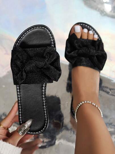 صنادل نسائية مسطحة صيفية جديدة، مزينة بفيونكة لامعة مصنوعة يدويًا، فتحة للأصابع، مناسبة للاستخدام المنزلي والخارجي والشاطئ والعطلات