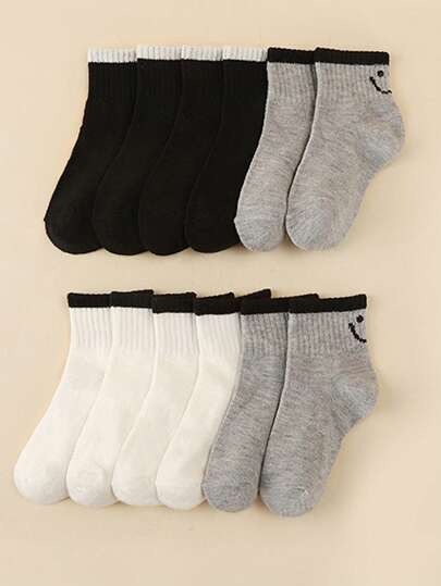 6 أزواج من الجوارب للأطفال باللون الأسود والأبيض والرمادي مزينة بتصميم كعب الابتسامة، أحادية اللون، مناسبة للخارج والسفر وكهدايا للمناسبات