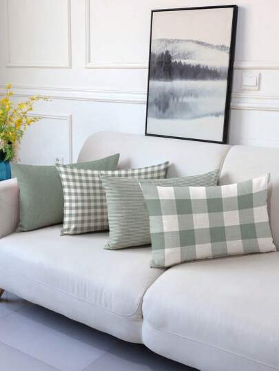 4 قطع أغطية وسائد رمي ذات طباعة رياضية خفيفة الخضراء، طراز بسيط وأنيق، ديكور للمنزل أغطية وسائد الأريكة، وسائد مربعة بشكل كتان مقلد، أغطية وسائد زخرفية حديثة للأريكة، بدون تركيب وسادة