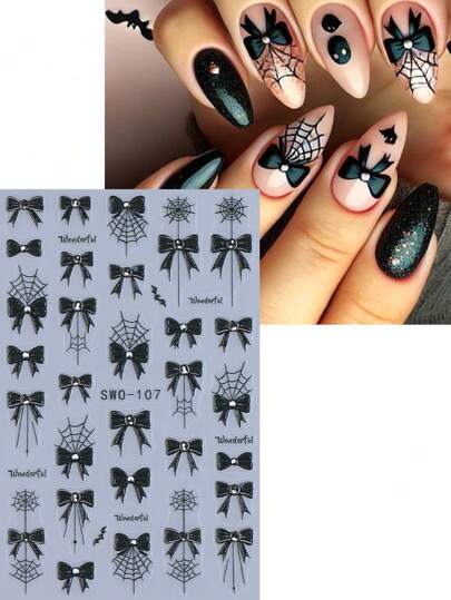 2 قطعة من ملصقات فن الأظافر بتصميم ربطة عنق سوداء لعيد الهالوين، شباك عنكبوت بأسلوب نزيف ربطة عنق ذاتية اللصق، إكسسوارات زخرفية DIY للأظافر
