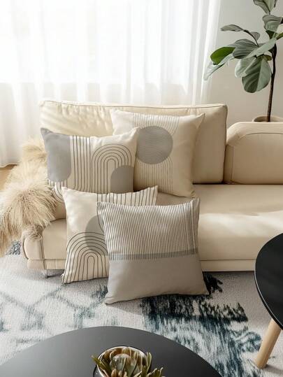 4 أغطية وسائد من البوليستر مرسومة بطلاء زيتي، بنمط شريطي رمادي، تصميم عصري للغرف، الأريكة، غرفة المعيشة، المكتب، وديكور الحفلات (لا تشمل الحشو)