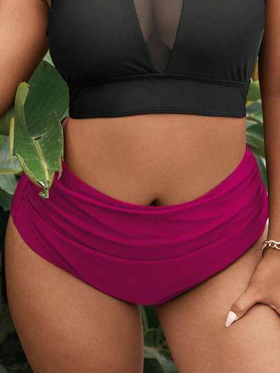 Swim Basics بوكسر بيكيني للنساء الحجم الكبير ذو خصر عالي وقطعة سفلية باللون الأحادي مناسب للصيف والشاطئ