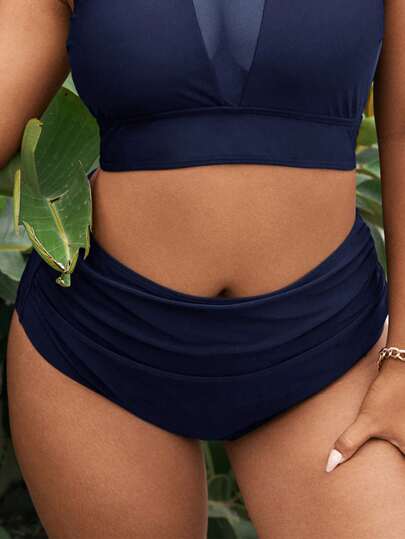 Swim Basics بنطلون بكيني بخصر عالي بتصميم لون أحادي المقاسات الكبيرة للنساء للصيف