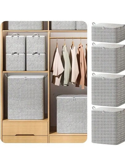 صناديق تخزين قماشية قابلة للطي وذات أغطية ومقابض - بنمط سمكة عظمية ، أحجام متعددة (29.06/39.63/58.12 جالون) للملابس والبياضات والوسائد واللعب - منظم تحت السرير أو الدولاب، تخزين ملابس في الخزانة أو الدولاب، إكسسوار ديكوري محايد، إغلاق سوستة آمن