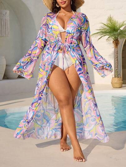 Swim Mulvari بدلة سباحة قطعة واحدة مطبوعة بطريقة غير منتظمة للمرأة البدينة، بلوزة تغطية طويلة الأكمام شبكية، فستان شاطئ أنيق