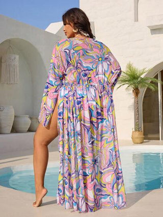 Swim Mulvari بدلة سباحة قطعة واحدة مطبوعة بطريقة غير منتظمة للمرأة البدينة، بلوزة تغطية طويلة الأكمام شبكية، فستان شاطئ أنيق