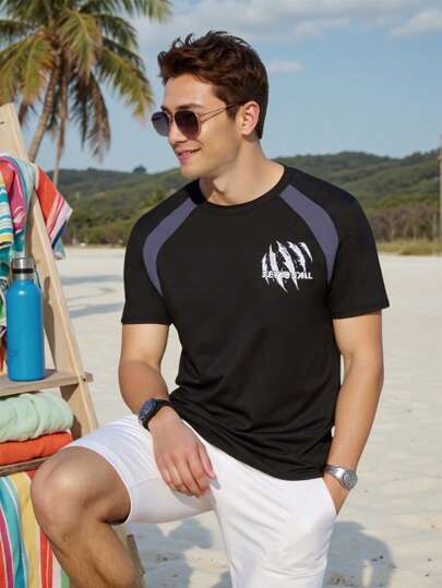 Manfinity Swimmode بذلة السباحة الرشاشة للرجال ذات اللون المتباين والرقعات، قصيرة الأكمام، واقية من الشمس والتزلج