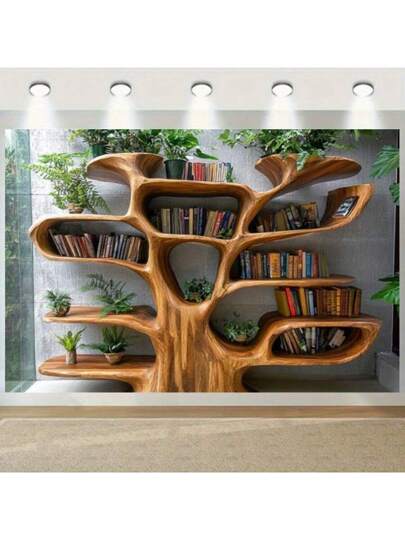 رف كتب بشكل شجرة مع نباتات خضراء وأضواء متدلية - شتوي ريفي، مناسب لزوايا القراءة الدافئة، خلفيات الحفلات، وأكسسوارات التصوير، متوفر بأحجام متعددة ، ديكور للكتب