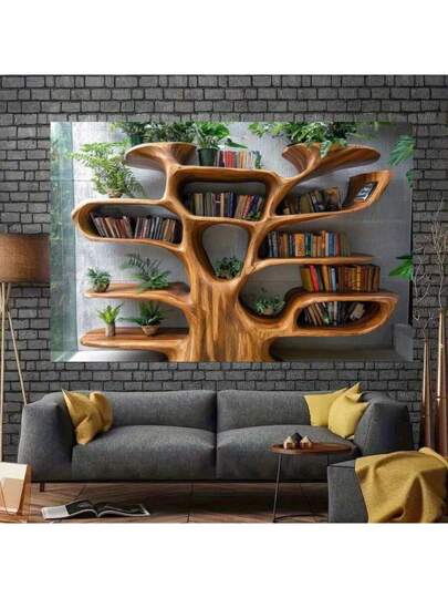 رف كتب بشكل شجرة مع نباتات خضراء وأضواء متدلية - شتوي ريفي، مناسب لزوايا القراءة الدافئة، خلفيات الحفلات، وأكسسوارات التصوير، متوفر بأحجام متعددة ، ديكور للكتب