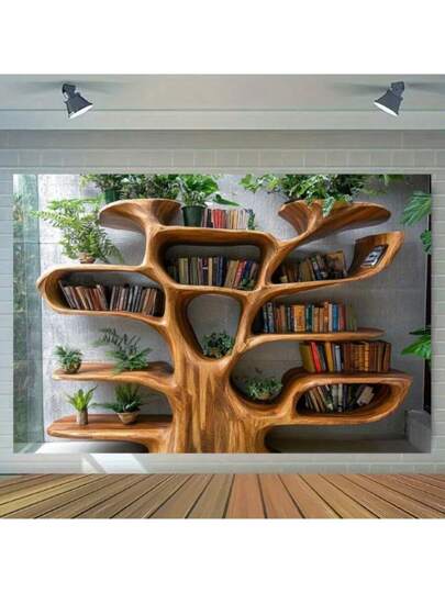 رف كتب بشكل شجرة مع نباتات خضراء وأضواء متدلية - شتوي ريفي، مناسب لزوايا القراءة الدافئة، خلفيات الحفلات، وأكسسوارات التصوير، متوفر بأحجام متعددة ، ديكور للكتب