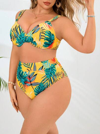 Swim Lushoire مجموعة بيكيني بطبعة استوائية حجم كبير للنساء 2 قطعة، بلوزة وسروال سباحة "تانكيني"، ملابس شاطئ كاجوال للعطلات