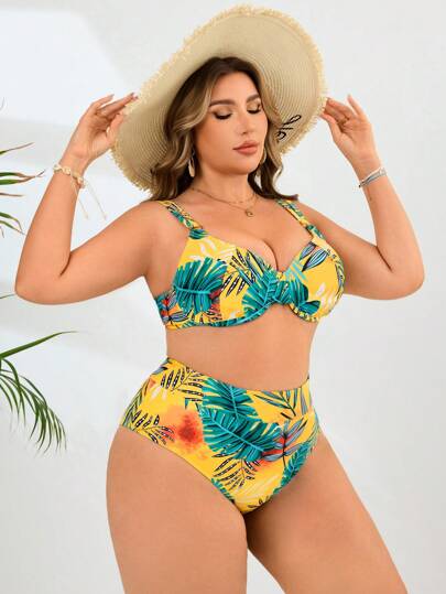 Swim Lushoire مجموعة بيكيني بطبعة استوائية حجم كبير للنساء 2 قطعة، بلوزة وسروال سباحة "تانكيني"، ملابس شاطئ كاجوال للعطلات