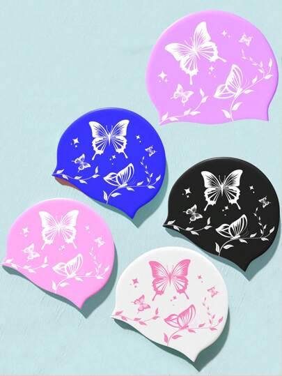 قبعة سباحة من السيليكون للكبار ذات نمط أنيق من الفراشات، مقاومة للماء، مانعة لالانزلاق، مريحة وقابلة للتمدد، مناسبة للشعر القصير والطويل