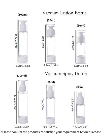طقم واحد من زجاجات التفريغ وزجاجات المرطبات وزجاجات الرذاذ لإعادة تعبئة ال- مستحضرات التجميل، مناسبة للعطور والتونرات والكحوليات والكريمات وغسول الجسم والمنظفات وكريمات العيون. قابلة لإعادة الاستخدام بدون بقايا بعد الاستخدام ولا حاجة للغسيل.