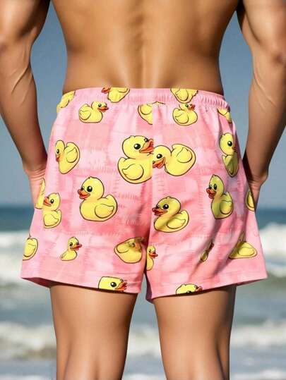 Manfinity Swimmode شورت كاجوال بخصر رباط مطبوع بنمط البطة الكرتونية، مجموعة مع بناطيل السباحة المطابقة، بناطيل سباحة طريفة للرجال، ملابس شاطئ رجالية بتصميم كاجوال وأنيق للاستخدام الخارجي