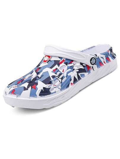 زوج من صنادل الرجال ذات الطباعة غير المتماثلة بأسلوب رياضي مبرد للصيف، صنادل شاطئ كاجوال خارجية مضادة للانزلاق بمنصة سميكة رياضية من الإيفا، صنادل شاطئ