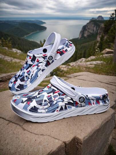 زوج من صنادل الرجال ذات الطباعة غير المتماثلة بأسلوب رياضي مبرد للصيف، صنادل شاطئ كاجوال خارجية مضادة للانزلاق بمنصة سميكة رياضية من الإيفا، صنادل شاطئ