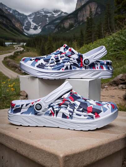 زوج من صنادل الرجال ذات الطباعة غير المتماثلة بأسلوب رياضي مبرد للصيف، صنادل شاطئ كاجوال خارجية مضادة للانزلاق بمنصة سميكة رياضية من الإيفا، صنادل شاطئ