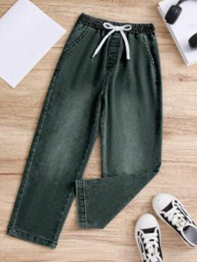 بنطلون ستان طويل للأولاد خصر مرن، من الدنيم الكاجوال المغسول، مناسب للخارج والحفلات وجميع الفصول