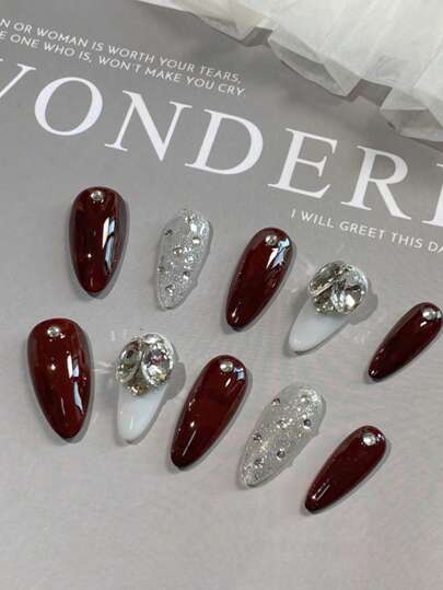 مجموعة قطعة واحدة من أظافر اللوز، بلون أحمر كرزي، أظافر مستعارة نقية مصنوعة يدويًا، مناسبة للفتيات، أعياد الميلاد، الحفلات، الحياة اليومية