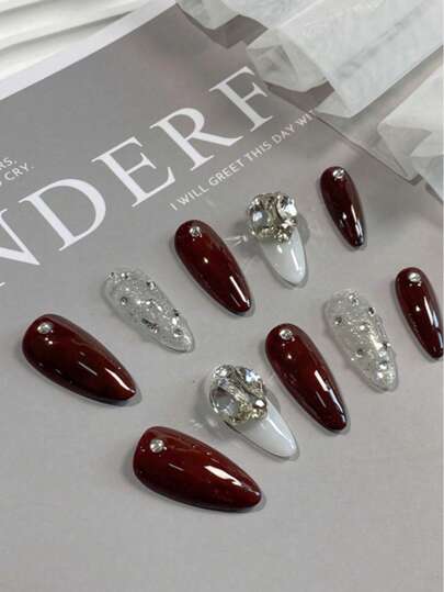 مجموعة قطعة واحدة من أظافر اللوز، بلون أحمر كرزي، أظافر مستعارة نقية مصنوعة يدويًا، مناسبة للفتيات، أعياد الميلاد، الحفلات، الحياة اليومية