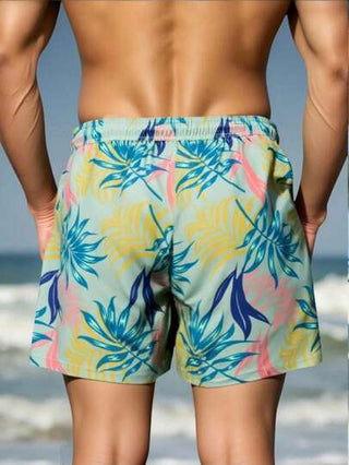 Manfinity Swimmode شورت شاطئ عصري بخصر رباط مطبوع بنمط نباتات استوائية للرجال، شورت شاطئ كاجوال ولطيف للخارج والشاطئ، طراز هاواي
