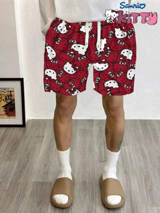 Sanrio شورتات قصيرة منسوجة مطبوعة عليها هلو كيتي، أنيقة وجذابة للرجال، قماش ناعم ومريح، مناسبة للارتداء داخل المنزل وخارجه