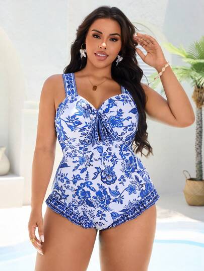 Swim Vcay بلوزة شيفون مطبوعة بزهور مع عقدة في الأمام لحجم كبير، بدلة سباحة قطعة واحدة