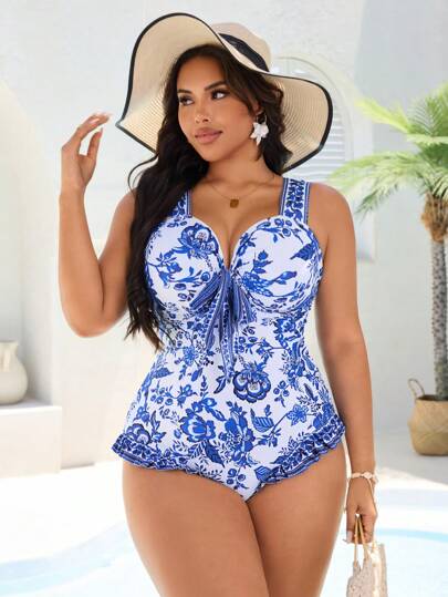 Swim Vcay بلوزة شيفون مطبوعة بزهور مع عقدة في الأمام لحجم كبير، بدلة سباحة قطعة واحدة