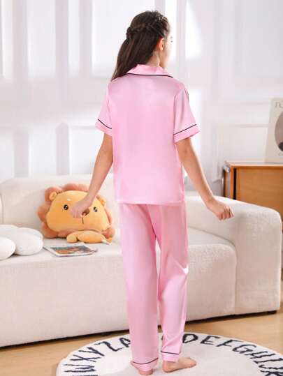 بيجاما 2 قطعة / طقم بيجاما للفتيات المراهقات، توب بأكمام قصيرة وبنطال طويل، لون سادة جميل، ملابس نوم صيفية