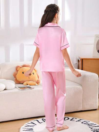 بيجاما 2 قطعة / طقم بيجاما للفتيات المراهقات، توب بأكمام قصيرة وبنطال طويل، لون سادة جميل، ملابس نوم صيفية