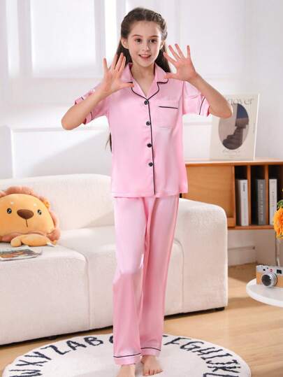 بيجاما 2 قطعة / طقم بيجاما للفتيات المراهقات، توب بأكمام قصيرة وبنطال طويل، لون سادة جميل، ملابس نوم صيفية