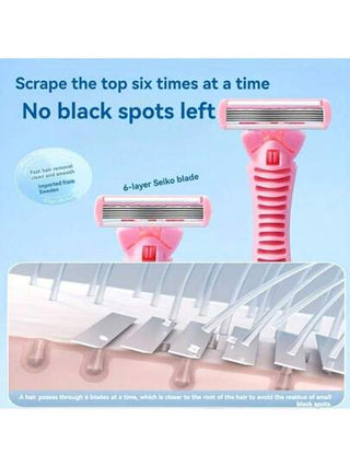 آلة إزالة شعر يدوية منخفضة التحسس للسيدات، من 6 طبقات من الصلب المقاوم للصدأ مع رأس شفرة قابل للاستبدال - ماكينة حلاقة آمنة لإزالة الشعر من الإبطين والجسم والوجه، 1 مقبض + 4 شفرات
