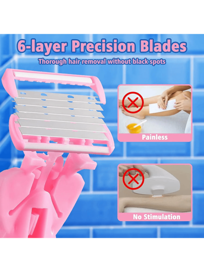 آلة إزالة شعر يدوية منخفضة التحسس للسيدات، من 6 طبقات من الصلب المقاوم للصدأ مع رأس شفرة قابل للاستبدال - ماكينة حلاقة آمنة لإزالة الشعر من الإبطين والجسم والوجه، 1 مقبض + 4 شفرات