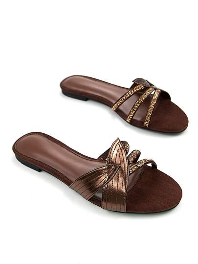 أحذية نسائية أنيقة مزينة بأوراق البرونزية والرينستون والسويد، نمط مول سهل الارتداء، مريحة وعصرية للارتداء اليومي وحفلات