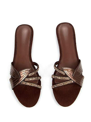 أحذية نسائية أنيقة مزينة بأوراق البرونزية والرينستون والسويد، نمط مول سهل الارتداء، مريحة وعصرية للارتداء اليومي وحفلات