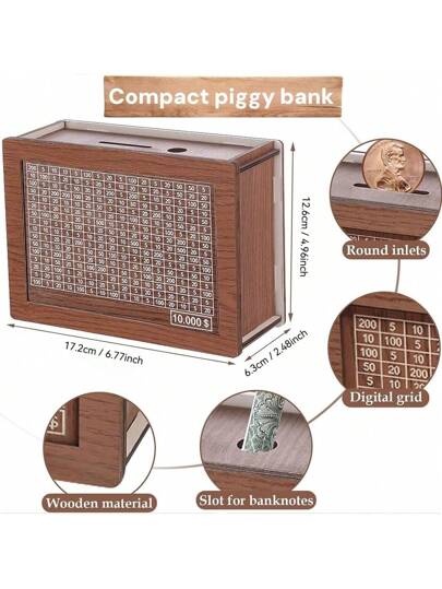أثاث مكتبي قطعة 1 صندوق ادخار خشبي DIY - بنك مدمج، قابل للتجميع بنفسك - متتبع هدف الادخار مع شبكة, علامات 10000$، 5000$، 3000$، 2000$، 10000€، 5000€، 3000€، 2000€، لوازم مدرسية، العودة للمدرسة