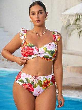 Swim Vcay بيكيني للمرأة البدينة قطعتان طبعة زهور قطع منخفض انسيابي قابل للضبط أشرطة عارضة شاطئية