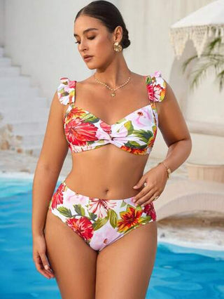 Swim Vcay بيكيني للمرأة البدينة قطعتان طبعة زهور قطع منخفض انسيابي قابل للضبط أشرطة عارضة شاطئية