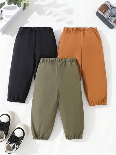 3 قطع/مجموعة بنطلون بخصر وأساور مربوطة بأربطة، مطبوع عليه رسوم حرفية، للأطفال الصبيان