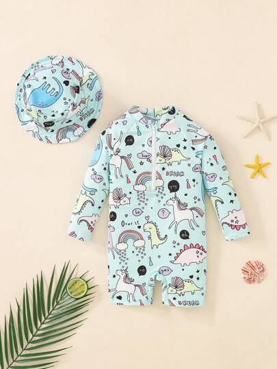 مايوه أولادي طقم بدلة سباحة بتصميم ديناصور كرتوني طويلة الأكمام + قبعة السباحة لطفل/طفلة، 2 قطعة