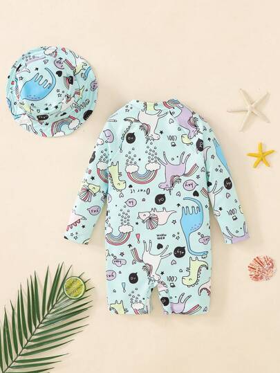 مايوه أولادي طقم بدلة سباحة بتصميم ديناصور كرتوني طويلة الأكمام + قبعة السباحة لطفل/طفلة، 2 قطعة