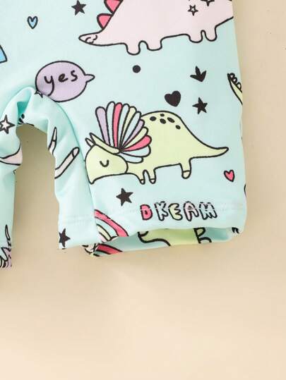 مايوه أولادي طقم بدلة سباحة بتصميم ديناصور كرتوني طويلة الأكمام + قبعة السباحة لطفل/طفلة، 2 قطعة