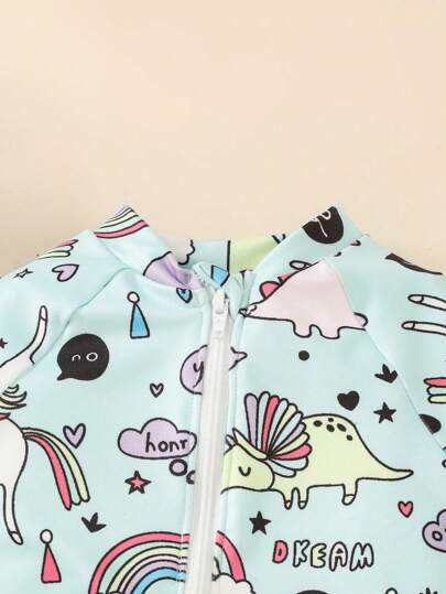 مايوه أولادي طقم بدلة سباحة بتصميم ديناصور كرتوني طويلة الأكمام + قبعة السباحة لطفل/طفلة، 2 قطعة