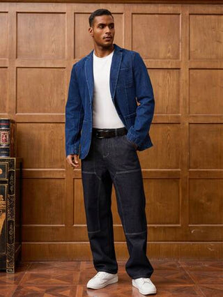 RivetRise بليزر كاجوال أكمام طويلة بياقة التقليد للرجال ، بدلة جينز للرجال ذو طابع كاجوال للرجال